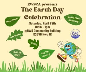 Flyer promoting the Rodanthe-Waves-Salvo Civic Association Earth Day Celebration on April 25 from 10 a.m. to 1 p.m at the RWS Community Building, featuring a plant swap, free native plants, live music, family activities, and local environmental groups.