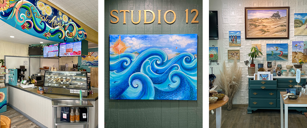 Collage of three images showing Swept Away Cafe and Studio 12 in Avon, including dining and shopping scenes