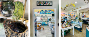 Collage featuring a gift shop interior, handmade clay pieces by local artists, and the entrance to Swept Away Cafe