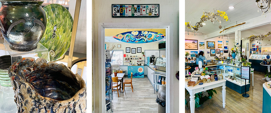 Collage featuring a gift shop interior, handmade clay pieces by local artists, and the entrance to Swept Away Cafe