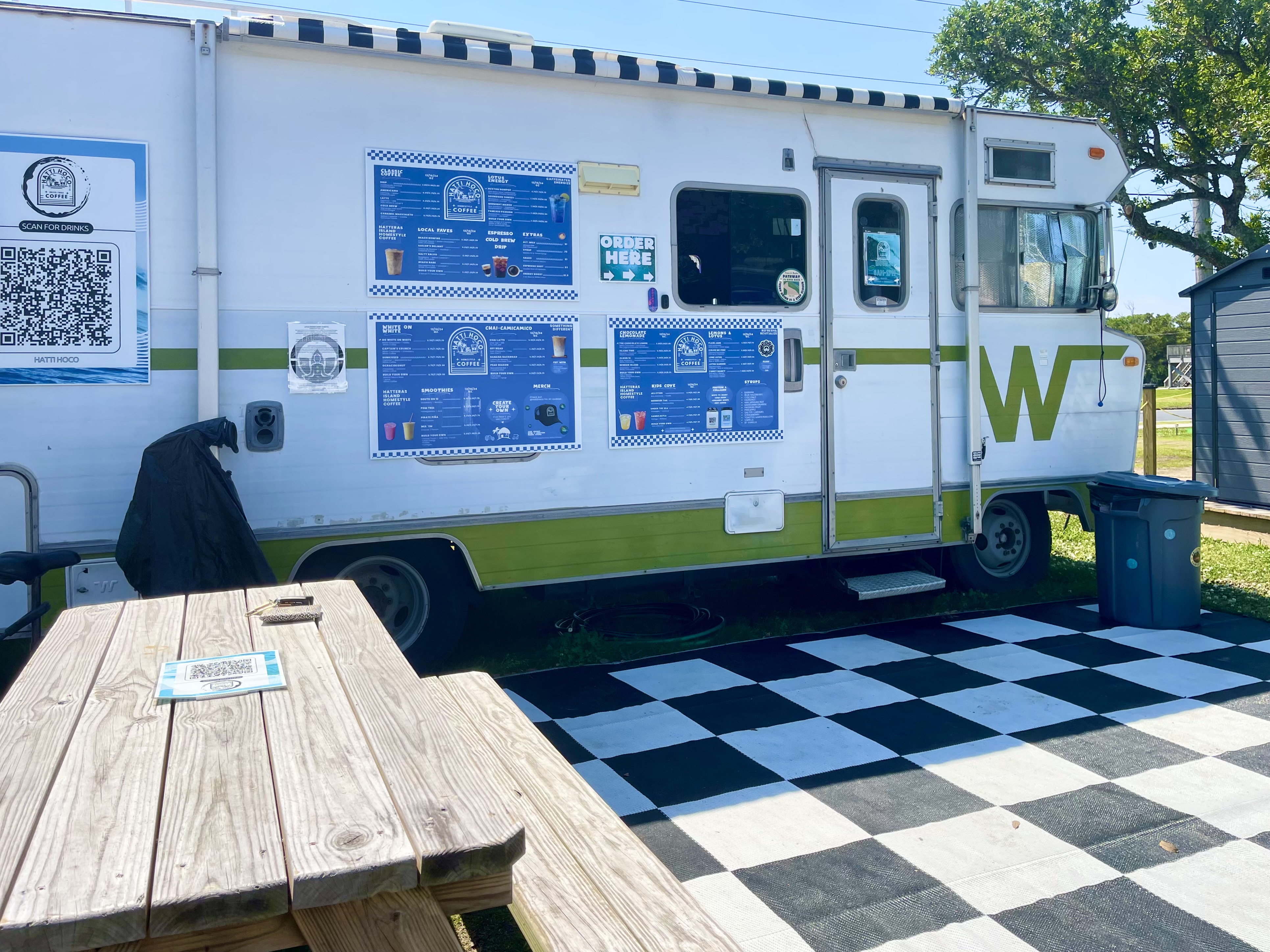 Picture of coffee stand in a vintage Winnebago on Hatteras Island