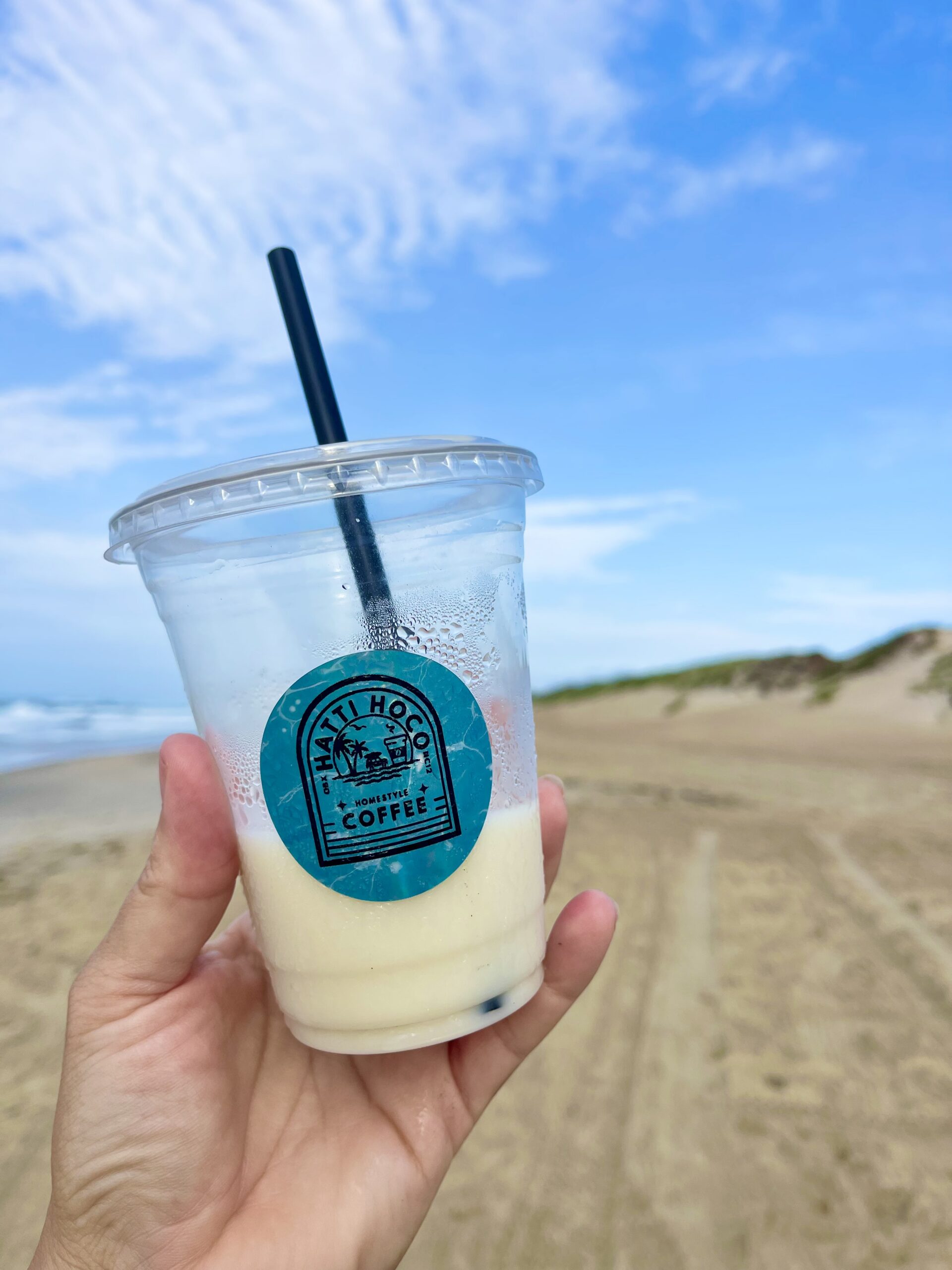 Coffee from Hatti HoCo on the beach in Frisco, NC