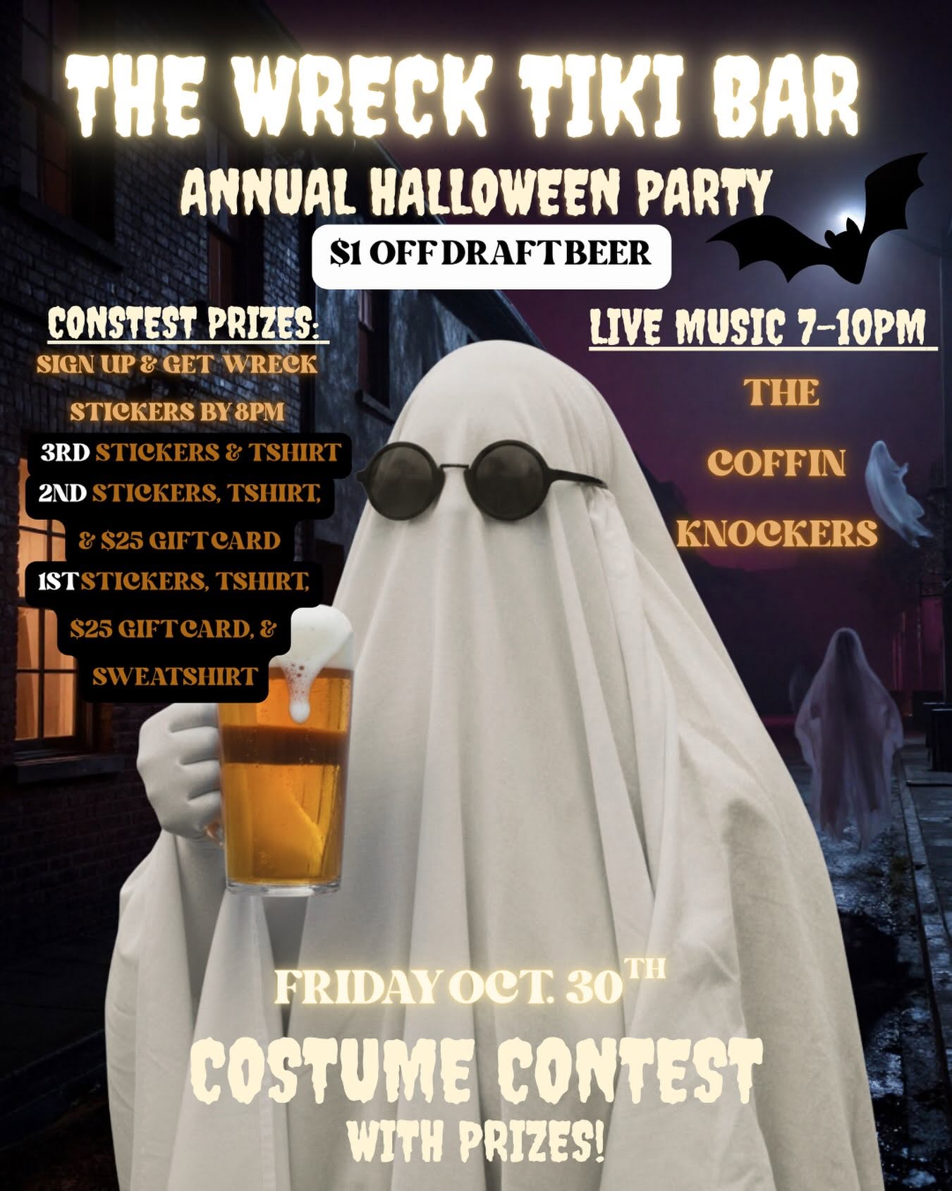 Flyer for The Wreck Tiki Bar's Annual Halloween Party (2026).